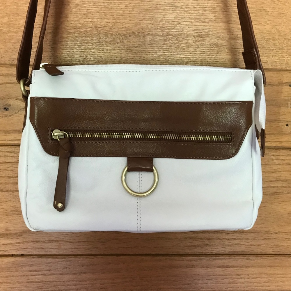 Vintage leather tan and white bag